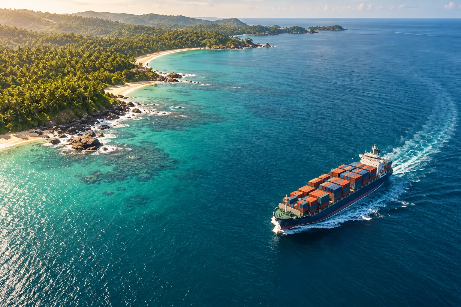 AI-created editorial view of a container ship off a tropical coastline