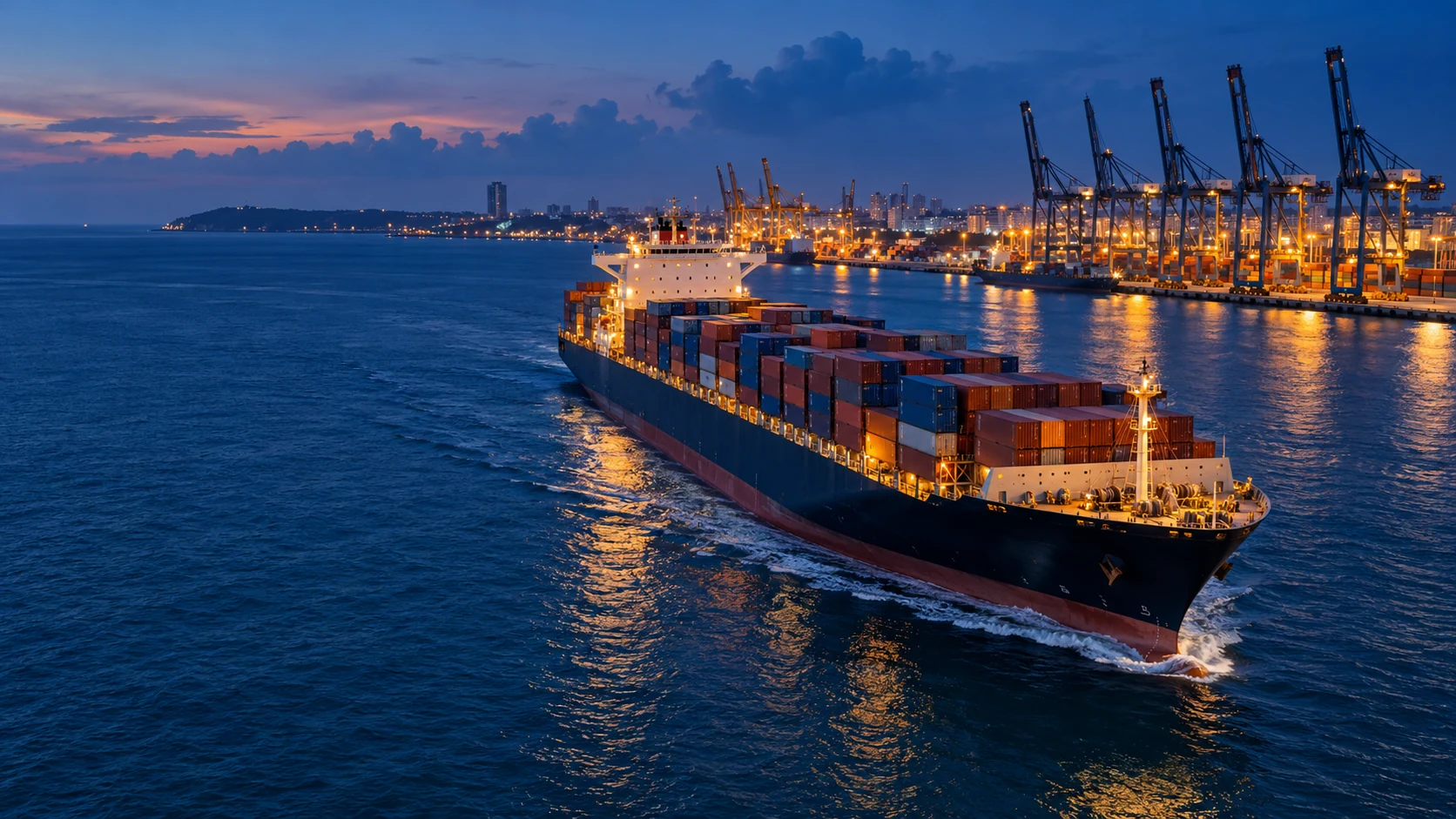 AI-created editorial scene of a ship at a tropical trading port